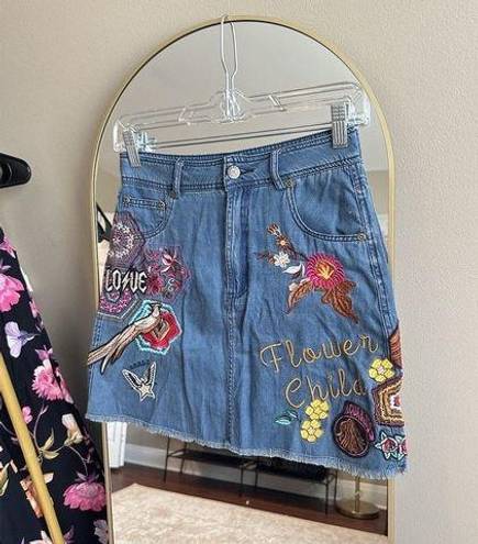 Spell & The Gypsy Collective Spell And The Gypsy RARE Flower Child Embroidered Denim Mini Skirt Size Small