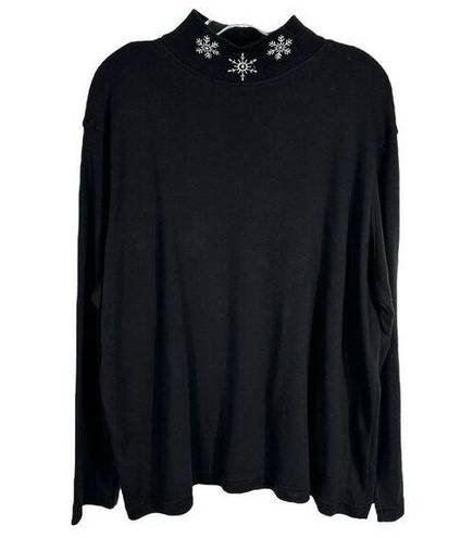 Brooks Bobbie  Plus Size 22W 24W Top Black Embroidered Snowflakes Mock Neck 268