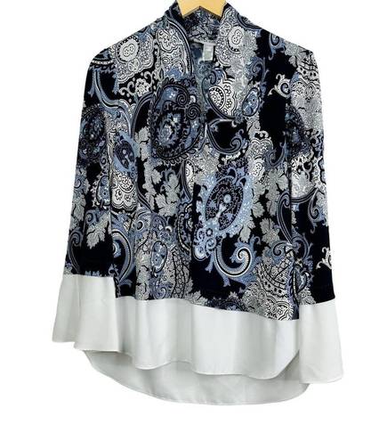 Joseph Ribkoff  Paisley Tuxedo Collar V-neck Trumpet Sleeve Blouse Size 10