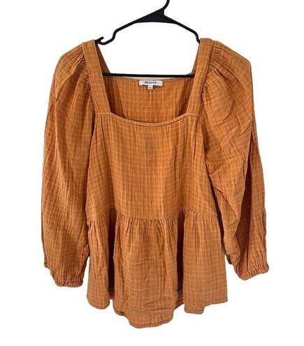 Madewell Lightspun Millbrook Puff-Sleeve Peplum Top in Windowpane