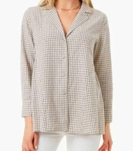 Tuckernuck  Pomander Place Top Small Linen Blend Gingham Beige Peplum Lagenlook