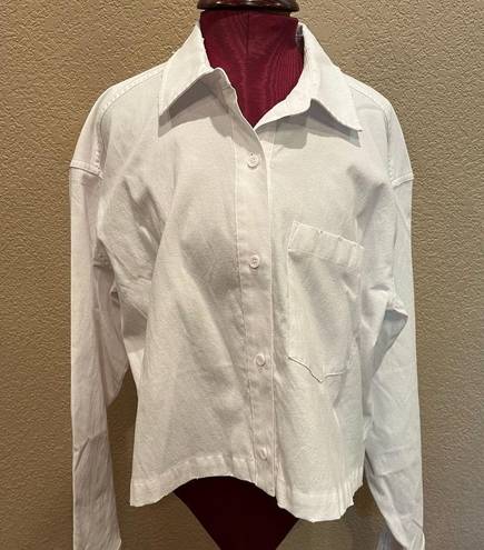 Good American  White Distressed Cropped Oxford Button-Down Shirt