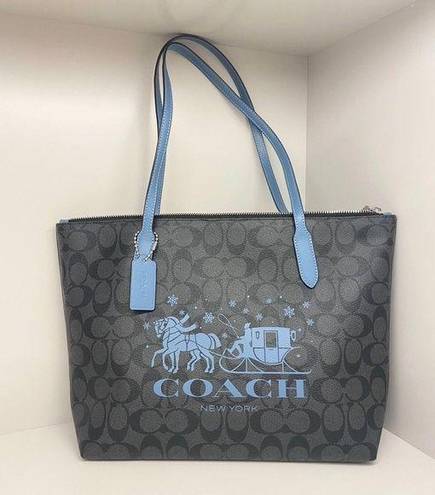 Coach  Zip Top Tote In Signature Canvas With Horse And Sleigh #CN 626