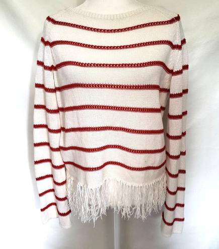 W By Worth  Womens Sweater Size S Stripe Fringe Open Knit White Red Long Sleeve