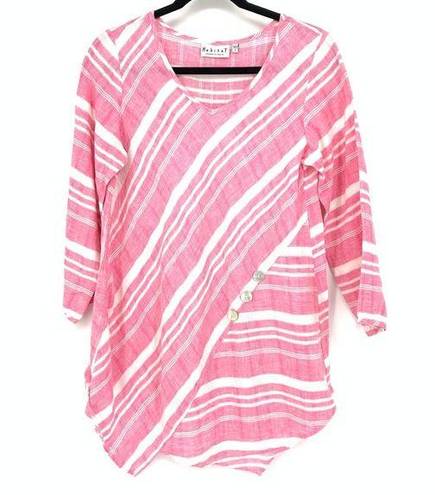 Habitat  Blouse Women's Size Small Linen Asymmetrical Hem Pink White Striped Top