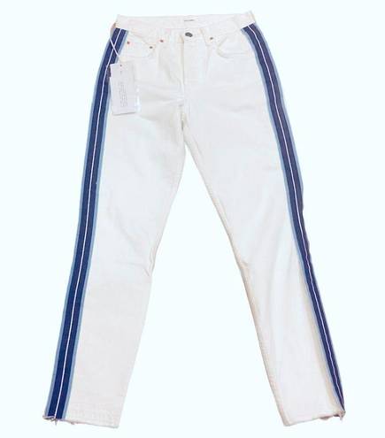 GRLFRND NWT  White Cropped High Rise Jeans Blue Stripe Raw Hem 24 2