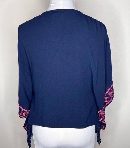 belle du jour  Kimono Cardigan XS Navy Blue Embroidered Dolman Open Front Fringe