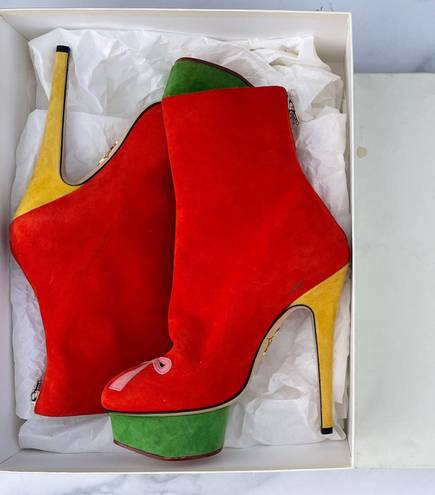 Charlotte Olympia Bella red yellow green suede colorblock mid-calf boots size 35