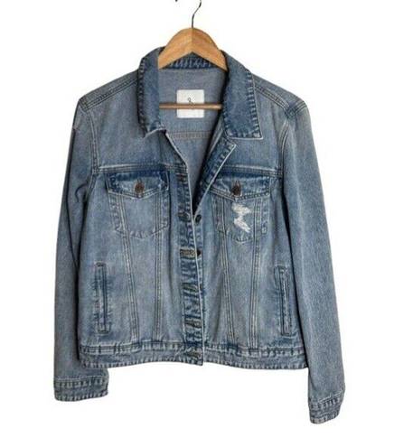 Sam Edelman Jean Jacket Distressed Denim Pockets Size Large EUC