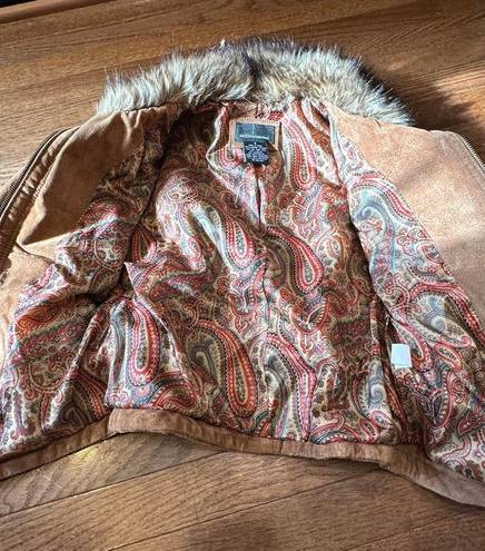 Moda Vintage 90s  International Brown Leather Jacket with Faux Fur Trim - Small