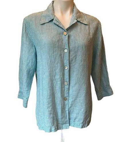 Chico's  Button Front Linen Relaxed Fit Blouse Blue/White Stripe, Sz Large…