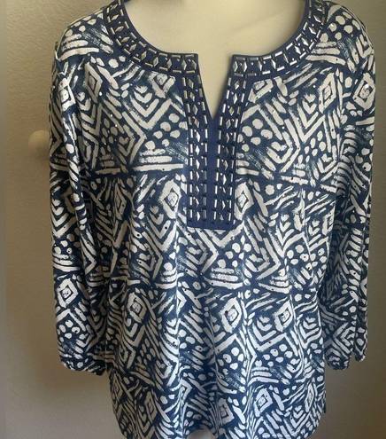 Cathy Daniels  v-neck tunic blouse size large embellished blue/white bling boho