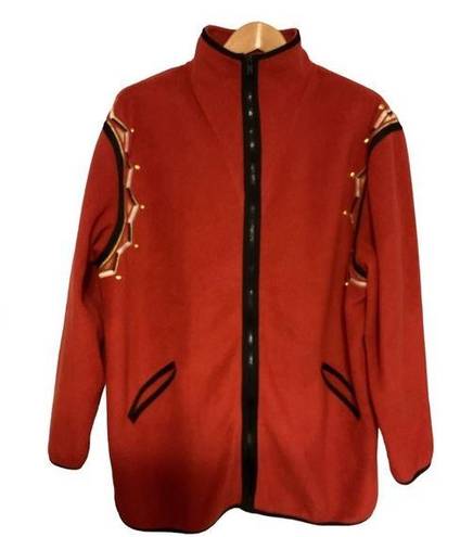 Bob Mackie  QVC WEARABLE ART Red Full Zip Fleece Jacket Vibrant Embroidery size L