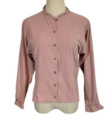 Petal Loup Liz Ruffle Button Up Cotton Blouse Top in  Pink Mauve