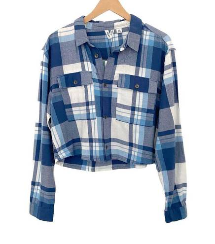 Roxy NWT  Both Ways Cropped Plaid Button Down Shirt Blue Size M