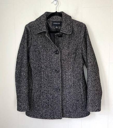 London Fog  Black & White Wool Blend Herringbone Tweed Button Coat ~ Women’s Sz M