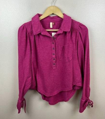 Pilcro  Anthropologie Puff Sleeve Blouse Size XS Raspberry Pink Henley Tie Sleeve