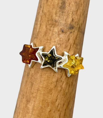 Sterling Silver Genuine Baltic Amber Stars Ring - Sz 8