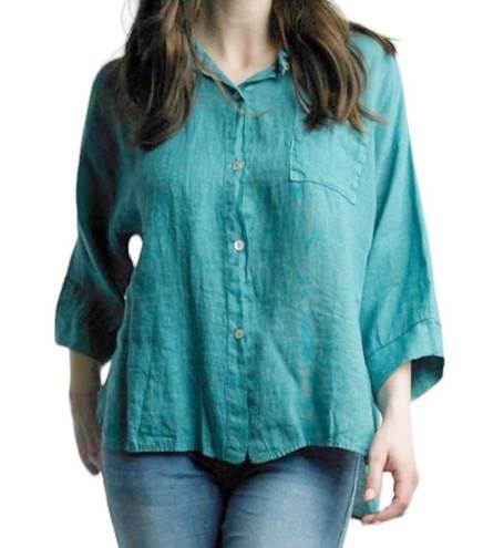 Tempo Paris  wash linen button down shirt Teal Size M/L Lagenlook Look Oversize