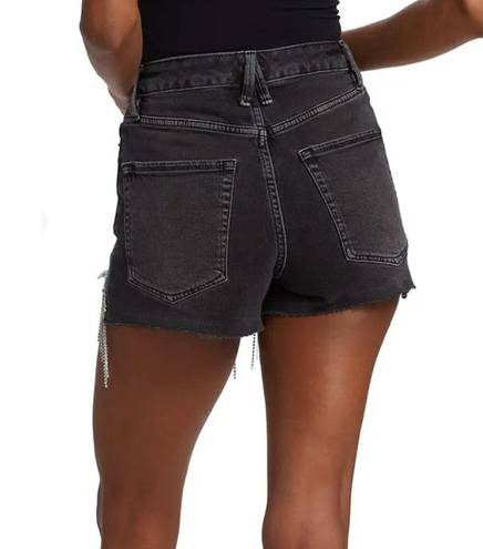 Good American  The Bombshell Denim Short Black Size 8 Cutoff Rhinestone Fringe