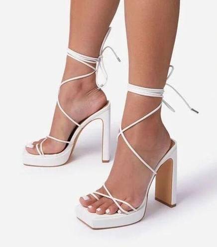 EGO NWOT ~  Gemini Strappy White Square Toe Lace Up Platform Heels ~ Women's 7