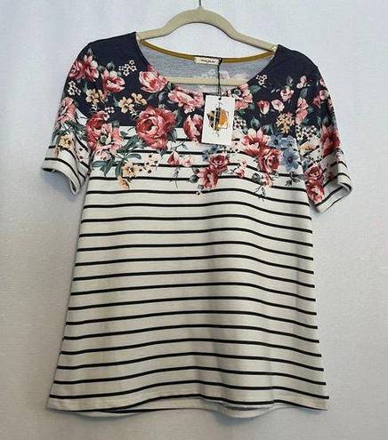 12PM by Mon Ami NWT  Short Sleeve Striped & Floral Blouse White/Blue Small