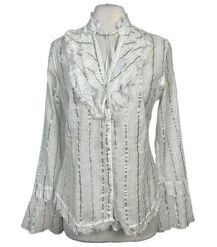 Edge SHIRTS By Cino Bohemian Raw  Cotton & Metallic Ruffled Front Blouse Shirt