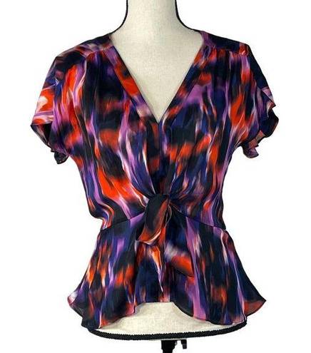 Parker  Small Peplum Top Hook 'n Eye Closure Tie Front Cap Sleeve Abstract V-Neck