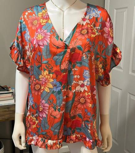 Umgee  Tangerine & Pink Floral Ruffle-Trim V-Neck Top