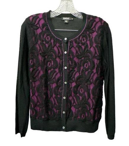 DKNY  Black Silk Cardigan Purple Lace Inlay Front Button Up Size Medium