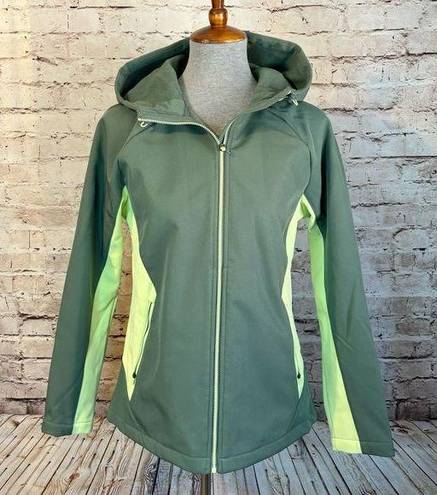 ASICS  Softshell Green Jacket Hood Full Zip Color Block Rain Water Resistant Med