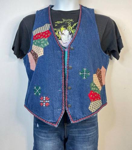 Susan Bristol Vintage Patchwork Embroidered Denim Boho Western Country Vest M