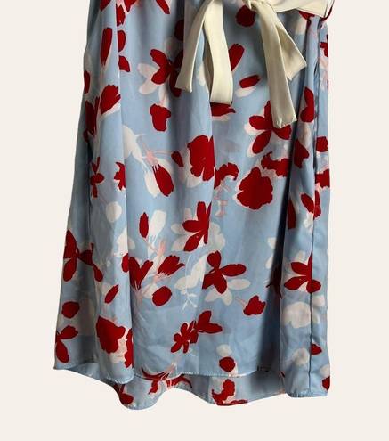 Oscar de la Renta  Pink Label Blue Red Floral Print Satin Wrap Dress Mini Robe S