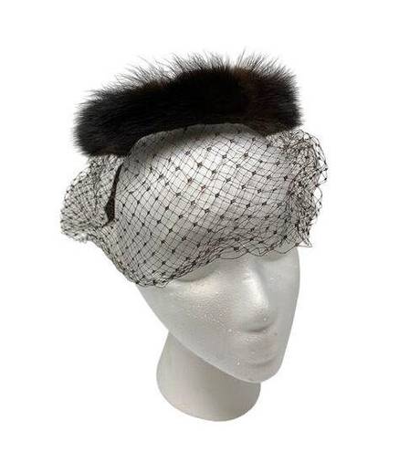 Pacific&Co Vintage G. Fox &  Fascinator Hat Brown Fur and Mesh Netting Bow Back