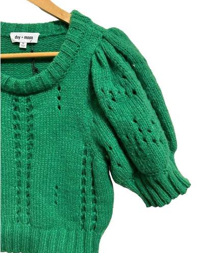 The Moon Day +  puff sleeve crochet knit green knit cropped sweater size Medium NEW