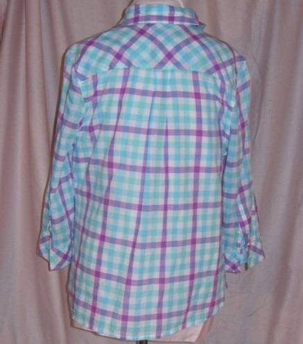 SO Blue Purple Plaid Check  Button Front 3/4 Sleeve Cotton Shirt. Size XL.