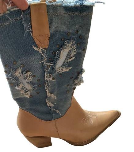 Penny Loves Kenny Vtg  cowgirl denim distressed jean leather western boots Sz 8.5