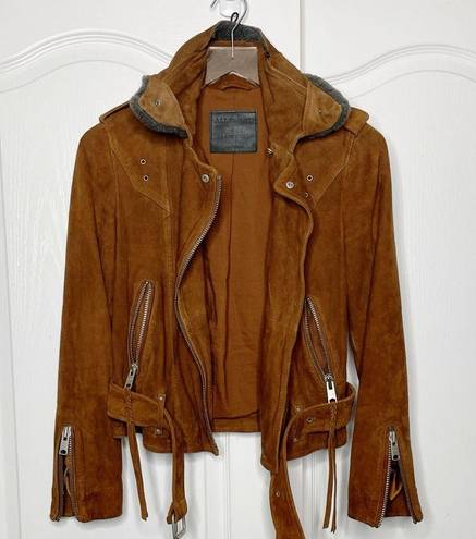 All Saints Plait Western Biker Suede Jacket Size 2 US Brown Goat