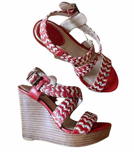 Frye  Corrina Whipstich Platform Wedges Leather Peep Toe Braided Sandals 5.5 GUC