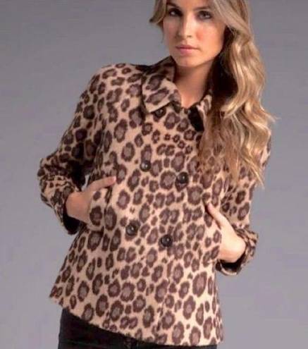 Rebecca Taylor  Leopard Coating Shrunken Wool Blend Pea Coat Jacket