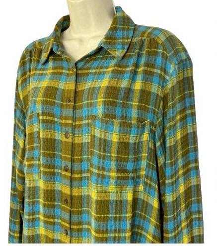 Pilcro Anthopologie  Relaxed Button Down Shirt Green Motif Plaid SIZE M