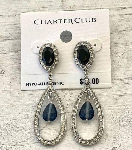 Charter Club  NWT silver  tone and blue rhinestone drop earrings