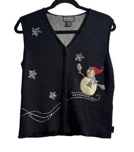 Woolrich NWT  Snowman Novelty Zip Up Christmas Black Vest Womens S Holiday Snow