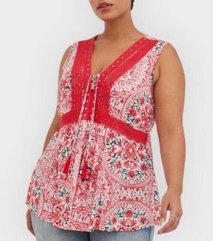 Torrid  Babydoll Crinkle Gauze Crochet Inset Lace-Up Top Red Floral Size 1X