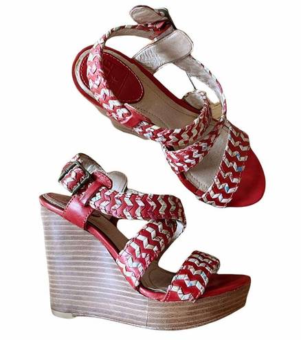 Frye  Corrina Whipstich Platform Wedges Leather Peep Toe Braided Sandals 5.5 GUC