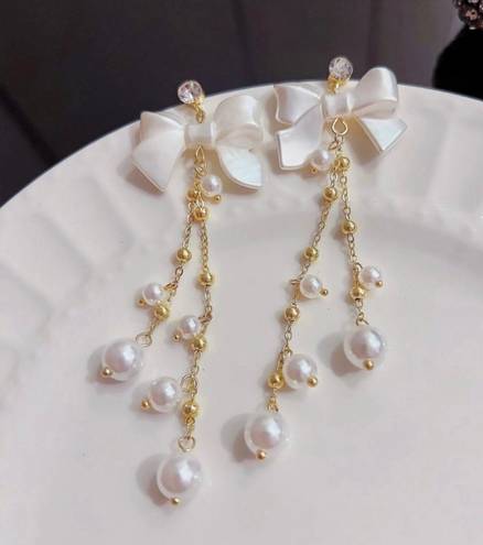 Elegant Bow White Pearl Dangle Drop Earrings for Women,Pearl Earrings Gold