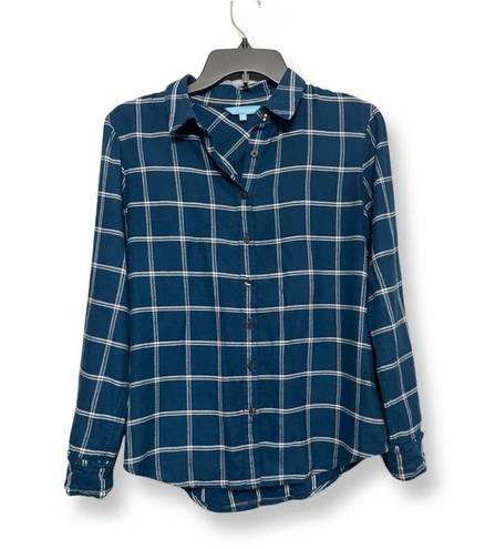 Draper James Womens Button Up Shirt Blue Plaid Long Sleeve Cuff Round Hem 2