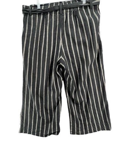 J.Jill  Pants Womens L Black Tan Stripe Linen Stretch Crop Wide Leg Paper Bag Tie