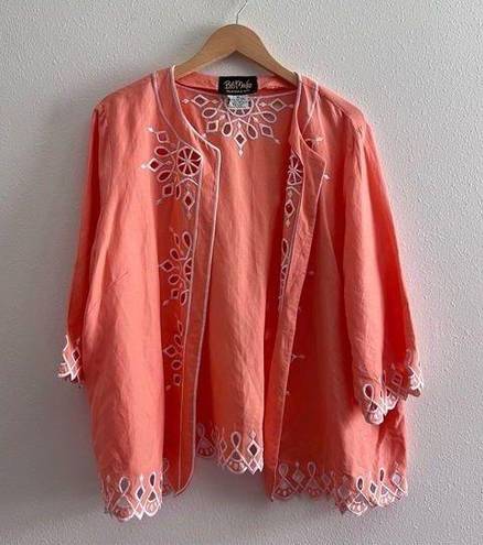 Bob Mackie  Wearable Art Peach & White Embroidered Linen Blend Open Jacket