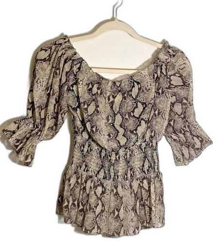 L'AGENCE  Snake Print Off Shoulder Smocked Waist 3/4‎ Sleeve Blouse Women's XS